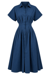 Leona Blue Cotton Linen Button-Down Midi Dress