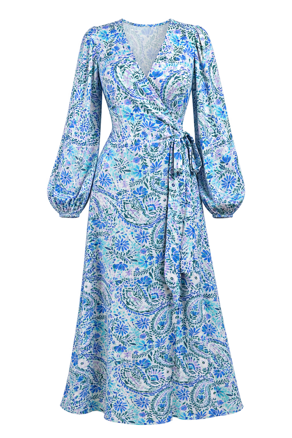 Lilia Blue Tropical Print Long Sleeve Wrap Midi Dress