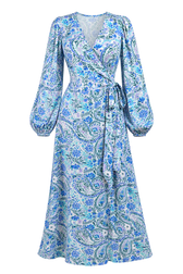 Lilia Blue Tropical Print Long Sleeve Wrap Midi Dress