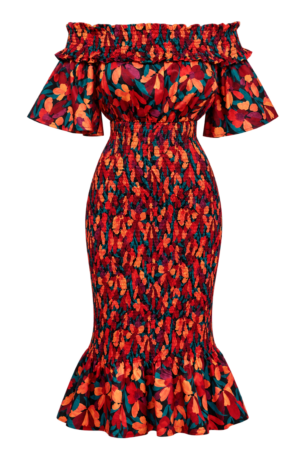Linette Floral Shirred Bodycon Bardot Dress