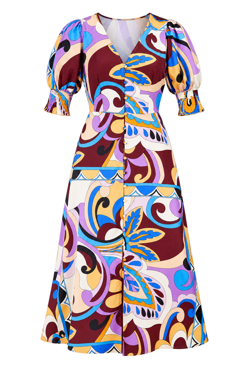 Bellis Retro Print Button Front Midi Dress