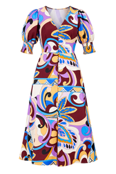 Bellis Retro Print Button Front Midi Dress