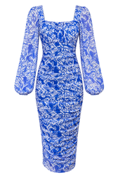Camellia Blue Floral Print Ruched Midi Bodycon Dress