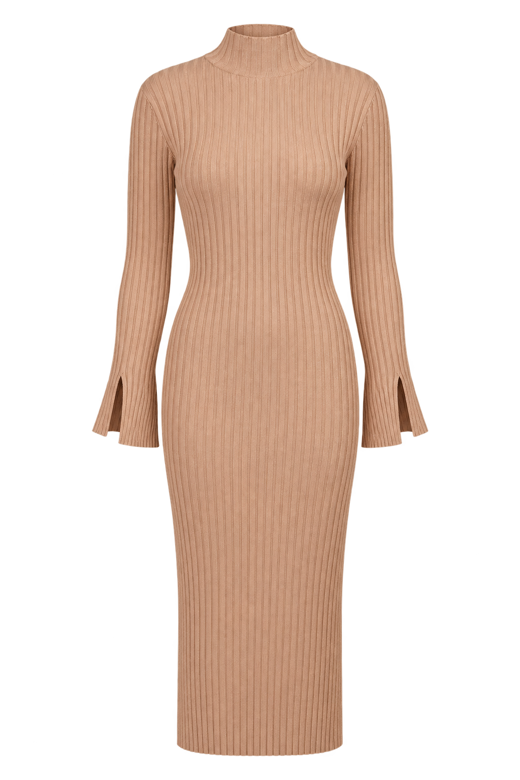 Canna Camel Split Sleeve Rib Knit Midi Dress