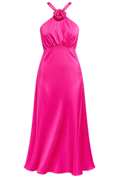 Orlaya Pink Satin Corsage Neck Detail Midaxi Dress