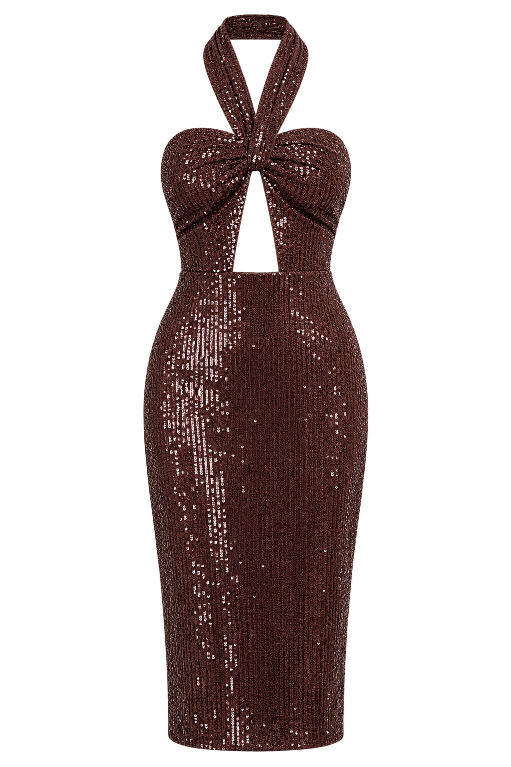 Cassatt Chocolate Sequin Halterneck Cut‑Out Midi Dress