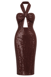 Cassatt Chocolate Sequin Halterneck Cut‑Out Midi Dress