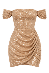 Frida Gold Sequin Draped Bardot Mini Dress by Chloe Lewis