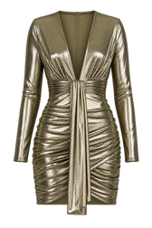 Helen Gold Foil Draped Plunge Mini Dress by Chloe Lewis