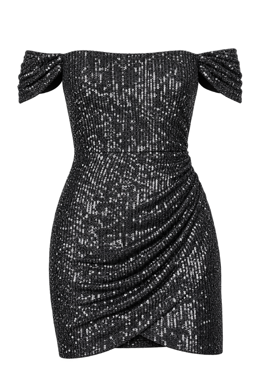 Barbara Black Sequin Draped Bardot Mini Dress – Chloe Lewis Edit
