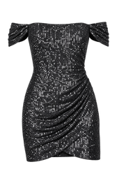 Barbara Black Sequin Draped Bardot Mini Dress – Chloe Lewis Edit