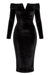 Bridget Black Velvet Bardot Long Sleeve Bodycon Midi Dress