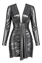 Helen Gunmetal Grey Foil Draped Plunge Mini Dress by Chloe Lewis