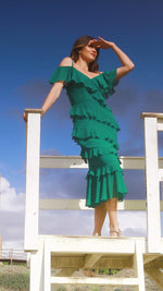 Green Frill Cold Shoulder Midi Dress