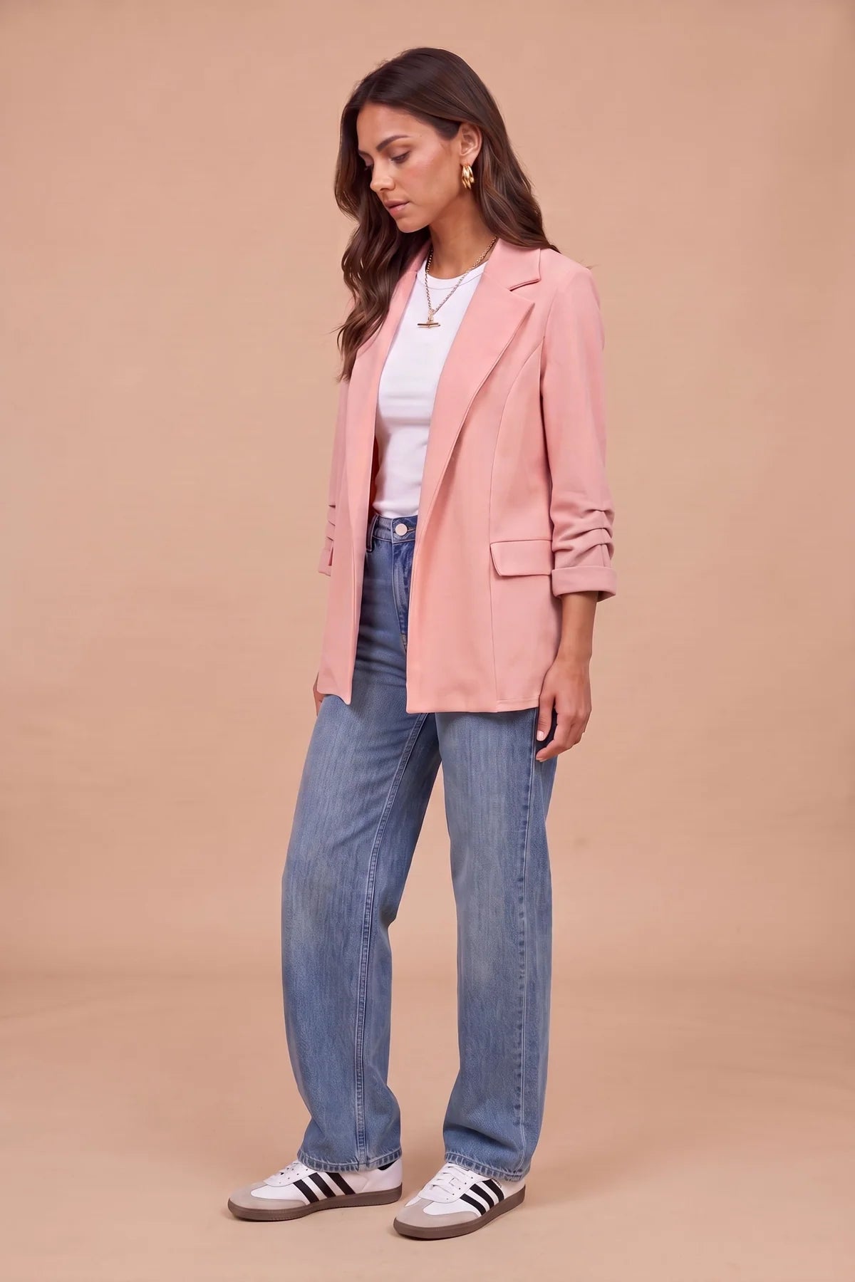 Sofia Nude Ruched Sleeve Relaxed Blazer